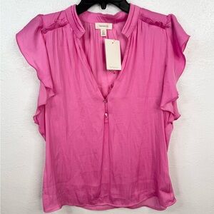 Tamara H. Blouse Womens Small Pink V-Neck Ruffle Cap Sleeve Top FLAW